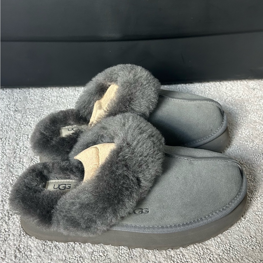 UGG Gray Plush Slippers Cozy Indoor Footwear